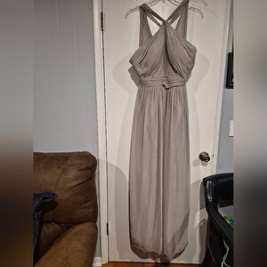 Bill Levkoff Women's Formal Flowy Beige Halter Dress with Front Split Size 12